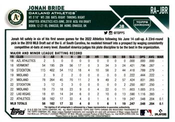2023 Topps Chrome - Rookie Autographs Blue #RA-JBR Jonah Bride Back