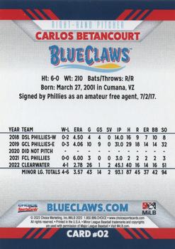 2023 Choice Jersey Shore BlueClaws #2 Carlos Betancourt Back