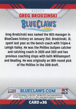 2023 Choice Jersey Shore BlueClaws #36 Greg Brodzinski Back
