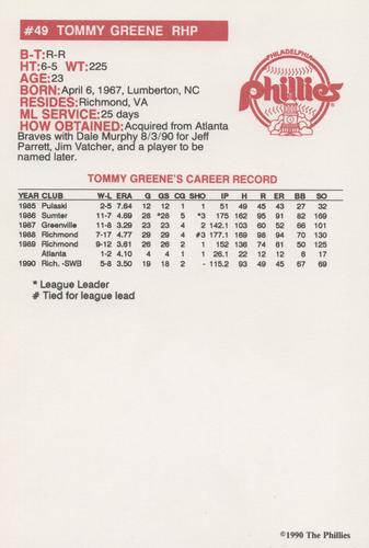 1990 Philadelphia Phillies Photocards - Update #NNO Tommy Greene Back