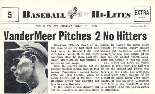 1960 Nu-Cards Baseball Hi-Lites #5 Vander Meer Pitches 2 No Hitters Front