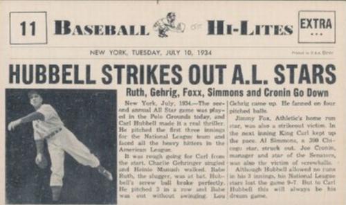 1960 Nu-Cards Baseball Hi-Lites - 1960 CVC Baseball Hi-Lites #11 Hubbell Strikes Out 5 A.L. Stars Front