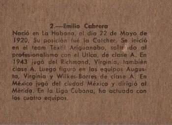 1956-57 Chicle Peloteros Cuban League #2 Emilio Cabrera Back