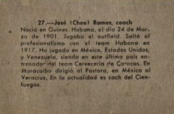 1956-57 Chicle Peloteros Cuban League #27 Jose Ramos Back