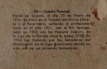 1956-57 Chicle Peloteros Cuban League #29 Camilo Pascual Back