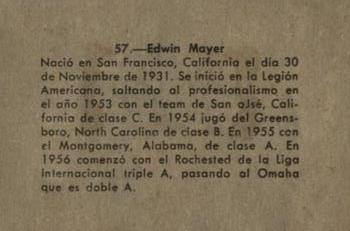 1956-57 Chicle Peloteros Cuban League #57 Edwin Mayer Back