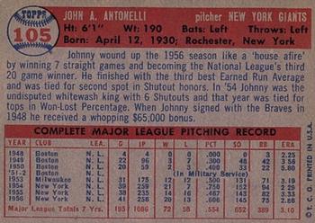 1957 Topps #105 Johnny Antonelli Back