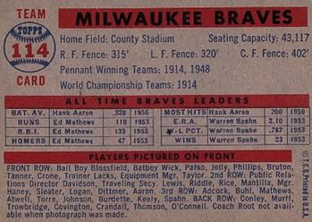 1957 Topps #114 Milwaukee Braves Back