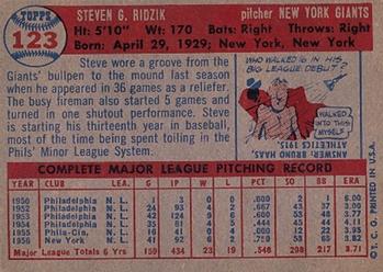 1957 Topps #123 Steve Ridzik Back