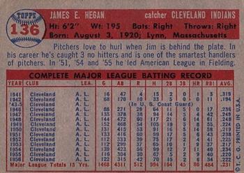 1957 Topps #136 Jim Hegan Back
