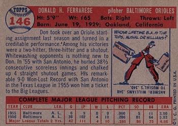 1957 Topps #146 Don Ferrarese Back