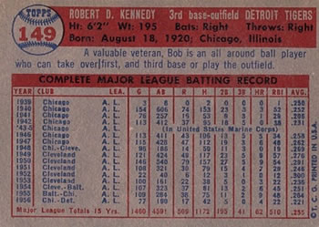 1957 Topps #149 Bob Kennedy Back
