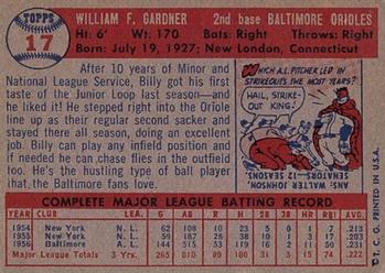 1957 Topps #17 Billy Gardner Back