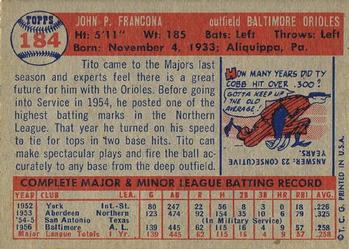 1957 Topps #184 Tito Francona Back