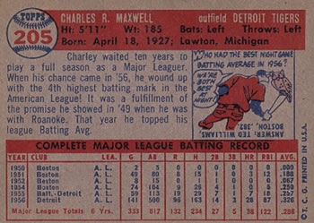 1957 Topps #205 Charley Maxwell Back
