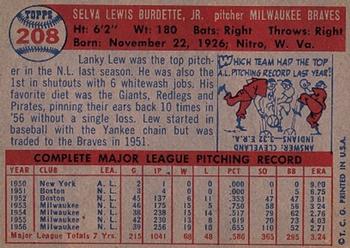 1957 Topps #208 Lew Burdette Back