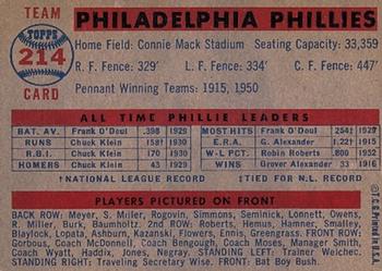 1957 Topps #214 Philadelphia Phillies Back