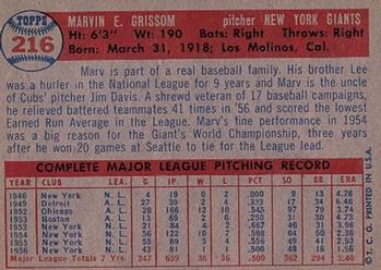 1957 Topps #216 Marv Grissom Back