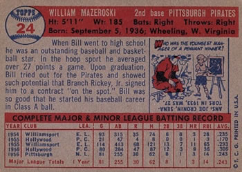1957 Topps #24 Bill Mazeroski Back
