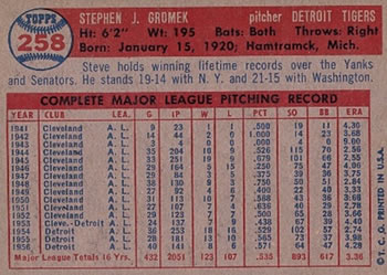 1957 Topps #258 Steve Gromek Back