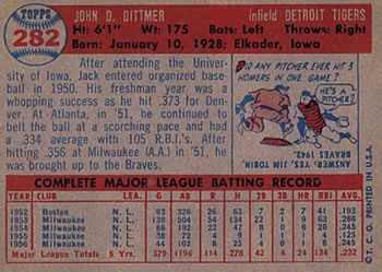 1957 Topps #282 Jack Dittmer Back