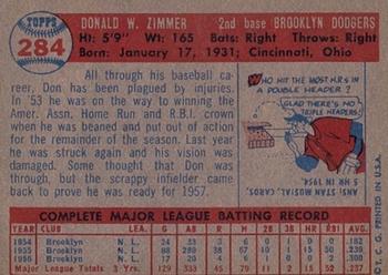 1957 Topps #284 Don Zimmer Back