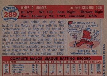 1957 Topps #289 Jim Bolger Back