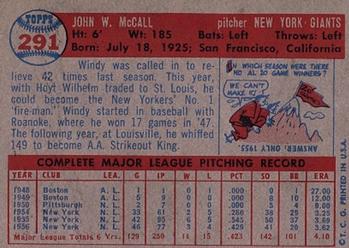 1957 Topps #291 Windy McCall Back