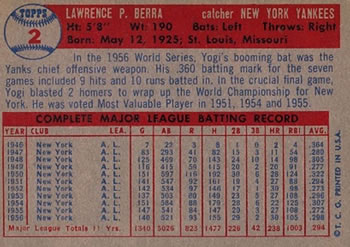 1957 Topps #2 Yogi Berra Back