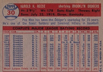 1957 Topps #30 Pee Wee Reese Back