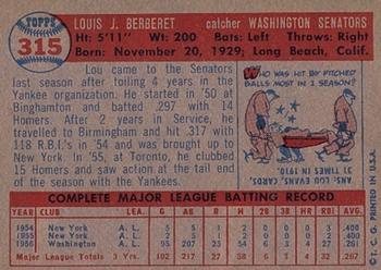 1957 Topps #315 Lou Berberet Back
