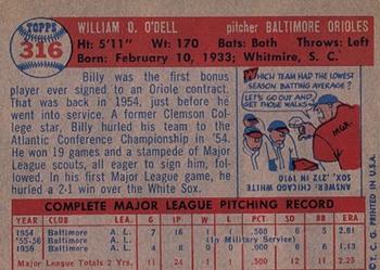 1957 Topps #316 Billy O'Dell Back