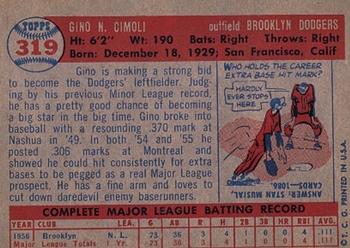 1957 Topps #319 Gino Cimoli Back