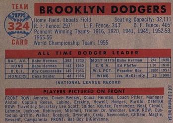 1957 Topps #324 Brooklyn Dodgers Back