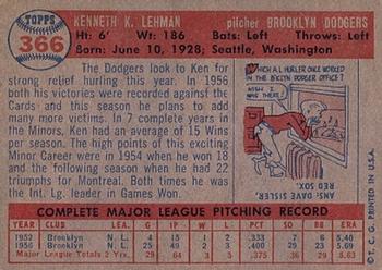 1957 Topps #366 Ken Lehman Back