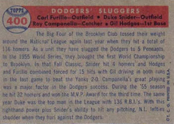 1957 Topps #400 Dodgers' Sluggers (Carl Furillo / Gil Hodges / Roy Campanella / Duke Snider) Back