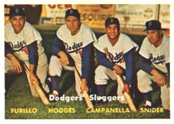 1957 Topps #400 Dodgers' Sluggers (Carl Furillo / Gil Hodges / Roy Campanella / Duke Snider) Front