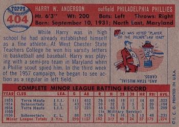 1957 Topps #404 Harry Anderson Back