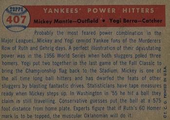 1957 Topps #407 Yankees' Power Hitters (Mickey Mantle / Yogi Berra) Back
