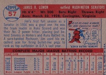 1957 Topps #57 Jim Lemon Back