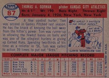 1957 Topps #87 Tom Gorman Back