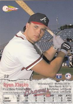 1994 Pacific #12 Ryan Klesko Back