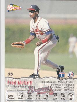 1994 Pacific #16 Fred McGriff Back
