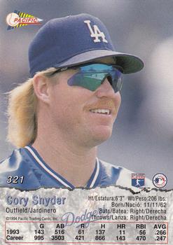 1994 Pacific #321 Cory Snyder Back