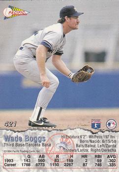 1994 Pacific #421 Wade Boggs Back