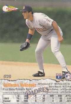 1994 Pacific #536 Guillermo Velasquez Back