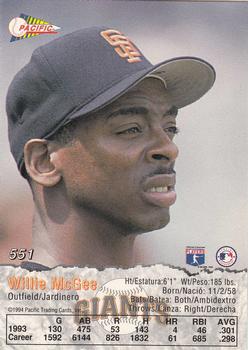 1994 Pacific #551 Willie McGee Back