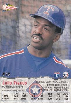 1994 Pacific #615 Julio Franco Back