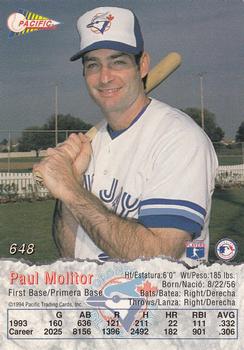 1994 Pacific #648 Paul Molitor Back