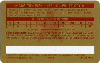 1981 Perma-Graphics All-Star Credit Cards - Gold #150-ASA8113 Carlton Fisk Back